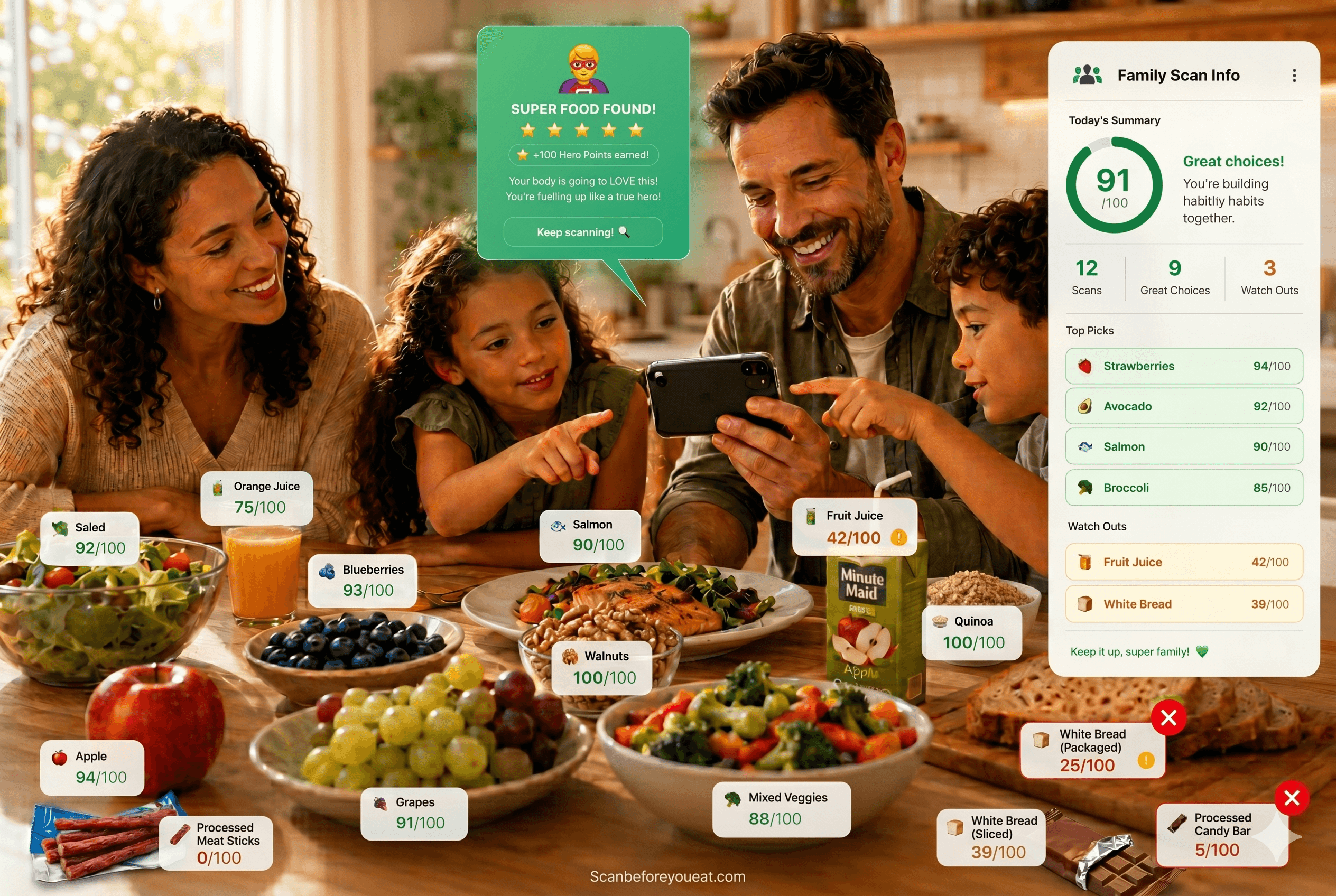 Family using ScanBeforeYouEat โ health scores on food around the table